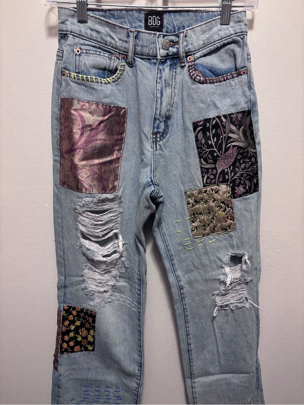 BDG Light Blue Women's Patchwork Distressed Jeans with Multicolor Fabric Accents